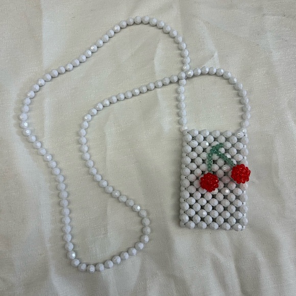 Susan Alexandra White Beaded Crossbody Bag with Cherry Design - Picture 1 of 6